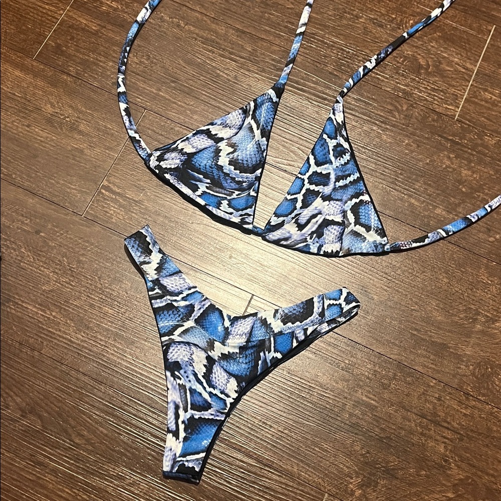 Demon Bikini Blue Black Snake Print Bikini Set Small Swim Handmade Thong Bottom